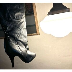 Leather Thigh High Boots, Wave Pattern Leather, High Heel, 80’s new condition,